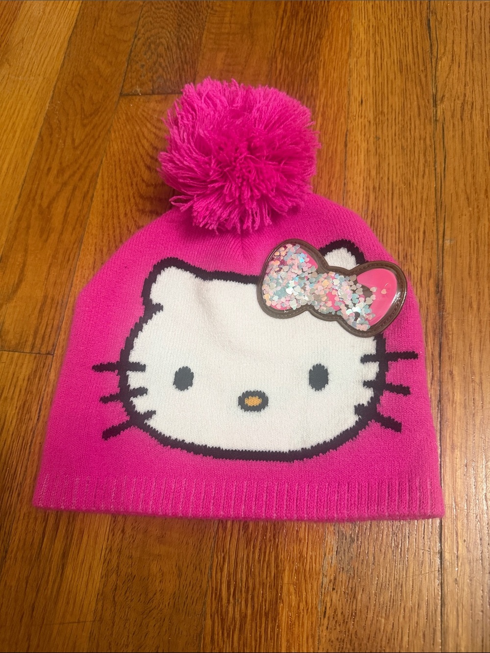Hello Kitty Hot Pink Pom Pom Knit Beanie with Sequin Bow